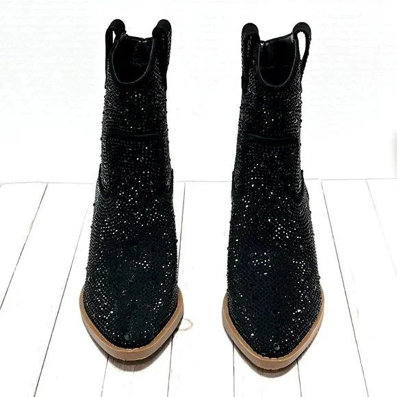 New Black Rhinestone Cowboy Ankle Boots Western Booties - Picture 6 of 8
